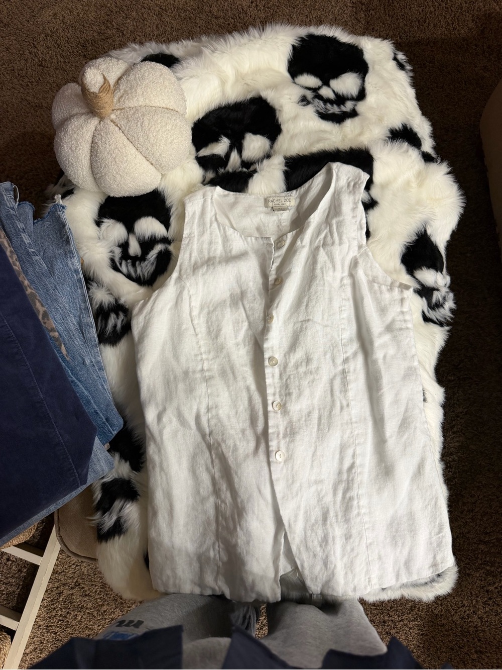Rachel Zoe White Sleeveless Linen Button-Front Top